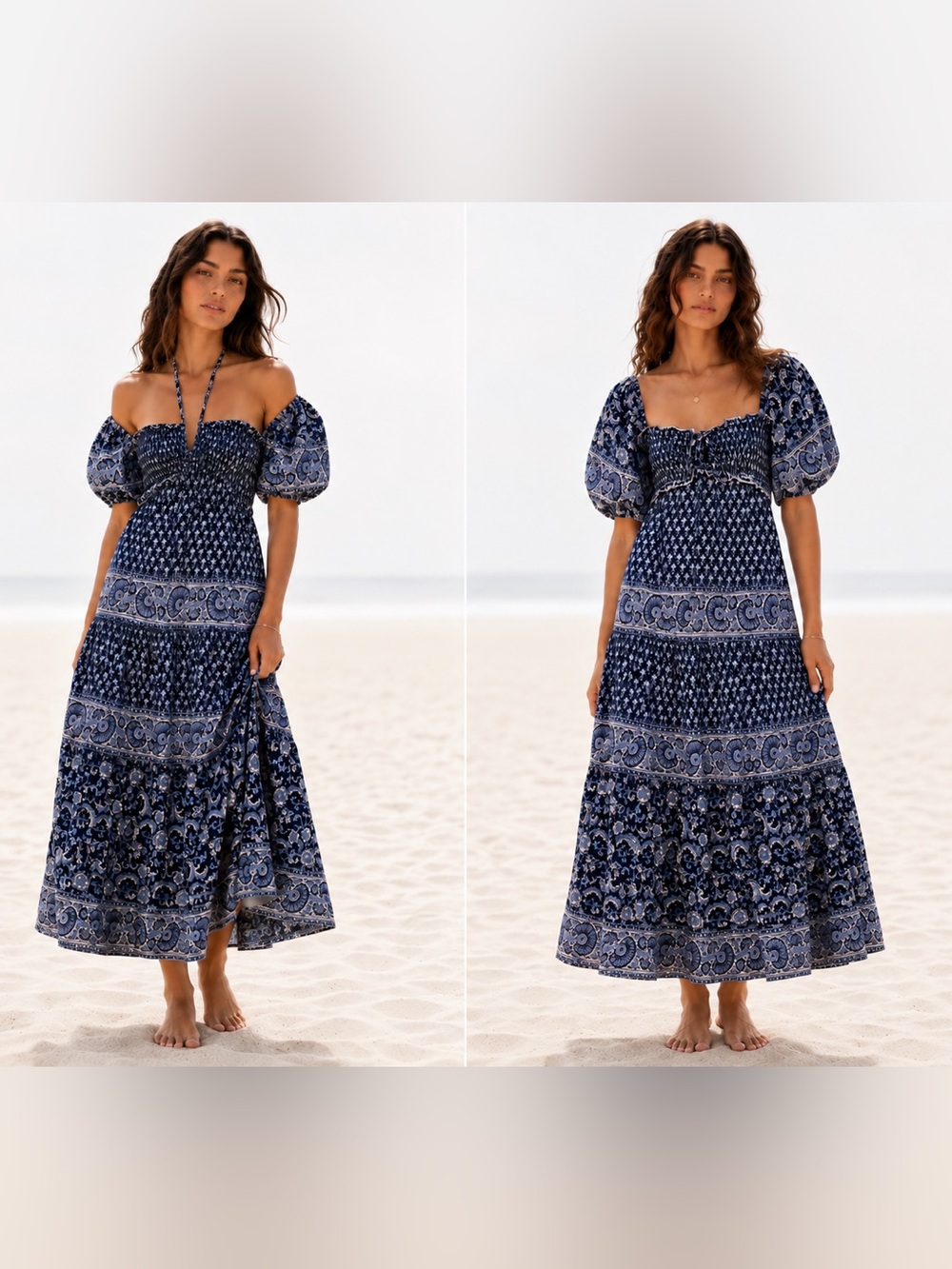 New! Sea New York Jasper Navy Paisley Smocked Maxi Boho Dress Puff Sleeves 💙 XS